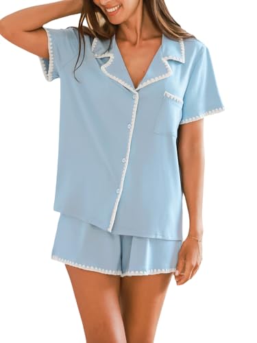 CUPSHE Women's Button Down Pajama Sets Short Sleeve Pjs 2 Piece Top and Shorts Sleepwear Comfy V Neck Loungewear