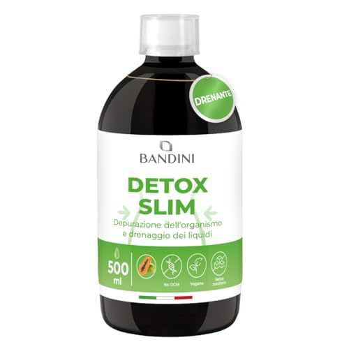 Bandini® DETOX SLIM 500ml Drenante Liquido, Digestivo, Antiossidante, Depurativo per il Fegato, Con 7 Estratti Vegetali: Tè Verde, Tarassaco, Mirtillo Nero, Pilosella, Betulla e Papaya, 100% Vegan