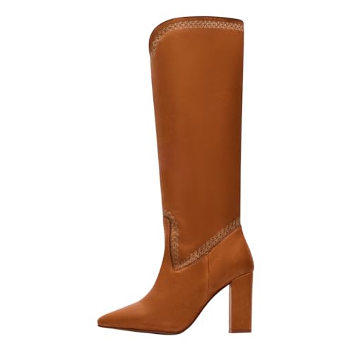 FOWT Women Pointed Toe Knee High Boots Chunky Block High Heel Long Boots Pull on Riding Boot Shoes Size 4-16 US4