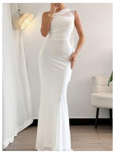 GORGLITTER Women's One Shoulder Mesh Dress Ruched Fishtail Bodycon Maxi Wedding Guest Dresses4