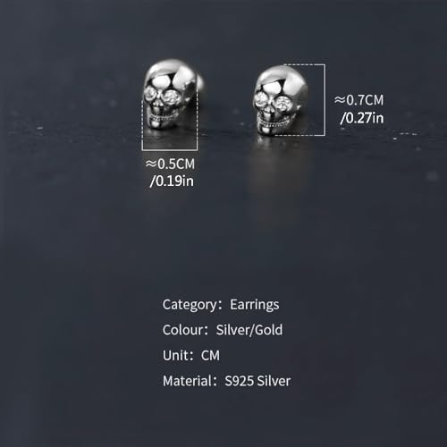 20g Skull CZ S925 Sterling Silver Gold Plated Halloween Small Stud Earrings for Women Men Cartilage Tragus Screw Back Punk Gothic Little Tiny Piercing Studs Post Jewelry for Party Birthday2