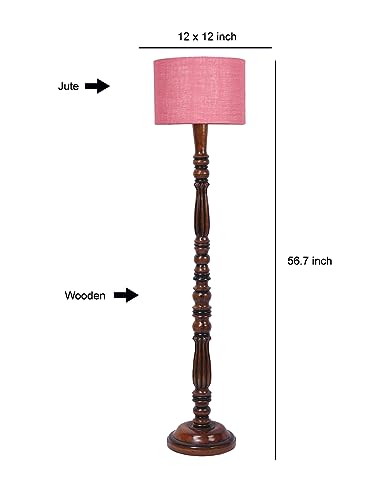 Image of Jute Modern Floor Lamp with Wooden Base - Height 56 Inches | Modern & Fashionable Standing Lamp for Living Room, Bedroom & Office | Stylish Home Decor Lighting in Elegant Pink Shade