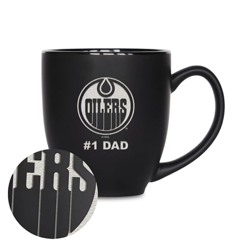 Rico Industries NHL Hockey Edmonton Oilers #1 Dad 15oz Laser Engraved Matte Black Ceramic Bistro Mug - for Hot or Cold Drinks