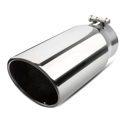 Vurkcy 4 inch Inlet Exhaust Tip 5 Outlet 12 Overall Length Stainless Steel Exhaust Tail Pipe Bolt-On Rolled Edge Slant Sleek Angle Cut Polished Tailpipe Silvery