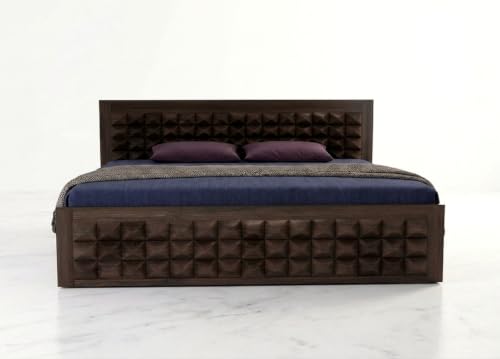 Image of Solid Sheesham Wood Queen Size Bed with Storage|Wooden Box Queen Size Double Cot Bed with Storage Box for Home,Bedroom,Hotel,Living Room|3D Diamond Carved Design Headboard|Walnut Finish