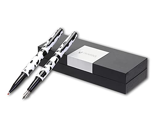 Travigo 2 piece Pen Set Black Ink Cow Print Pattern Includes Gift Box (Gel & Fountain)