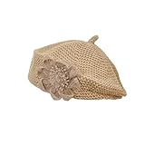HUSSATOP Women Summer French Beret Lady Slouchy Crochet Beret Hats 3D Flower Artist Painters Woven Beach Beanie Cap Khaki