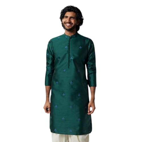 Image of KISAH Men's Navy Blue Printed Cotton Kurta - Regular Fit Long Tunic with Mandarin Collar | Ethnic Wear for Weddings & Festive Occasions