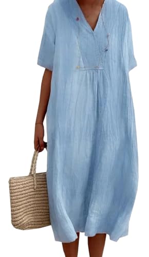 Image of LOVESHOOT Size L Summer Dresses for Women 2025 Casual Short Sleeve Baggy Loose Smock Tunic Knee Length Midi Dress Boho Shift Tie Dye Beach Vacation Dress with Pockets Blue