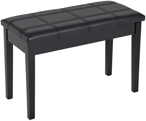 HOMCOM Classic Piano Bench Stool, PU Leather Padded Keyboard Seat with Rubber Wood Legs and Music Storage Compartment, Banded Seat, Black