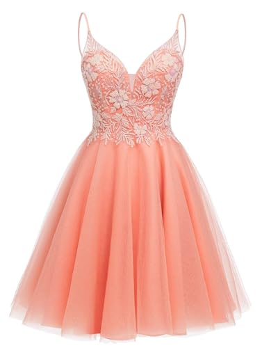 Image of Sparkly Tulle Homecoming Dresses Short Lace Prom Dresses for Teens V Neck Beaded Cocktail Dresses