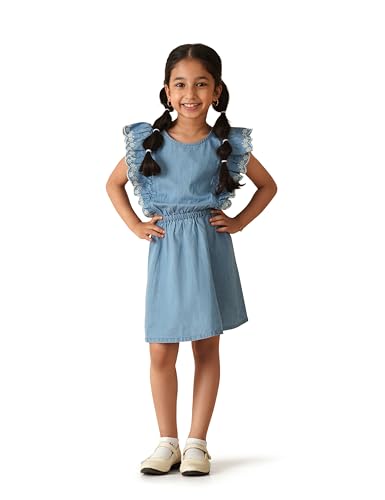 Image of Amazon Brand - Symbol Girl's Denim Cotton Fit and Flare Knee-Length Casual Dress