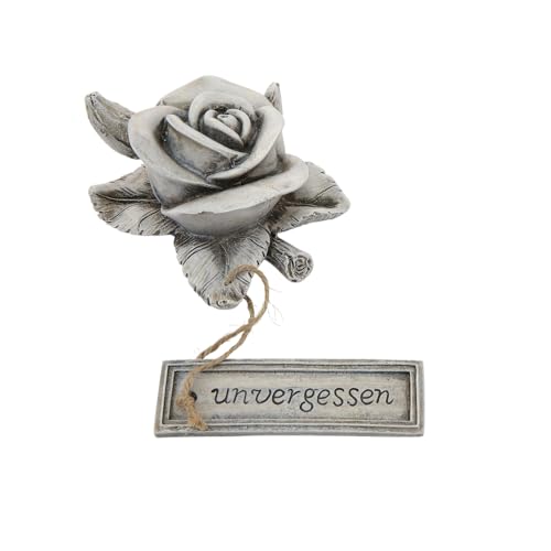 CULT at home Grabschmuck Rose „unvergessen“ – Grabdekoration Allerheiligen Steinrosen Grab Deko Grabstein – Rose Gedenkstein fürs Grab Friedhof – aus Kunstharz Grau ca. 10 x 10 cm