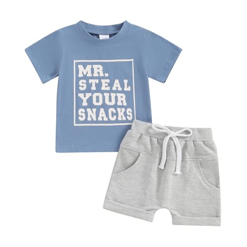 Baby Boy Summer Clothes Short Sleeve Mr Steal Your Snacks Letter Print T Shirt Top Solid Shorts Set Casual Outfits (Blue, 2-3 Years)