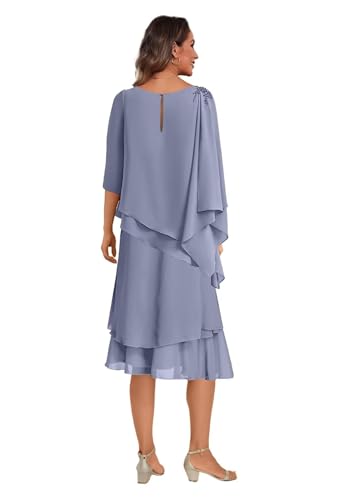 Tea Length Mother of The Bride Dresses for Wedding Scoop Neck 3/4 Sleeves Chiffon Ruffles Formal Evening Dress MDA0033