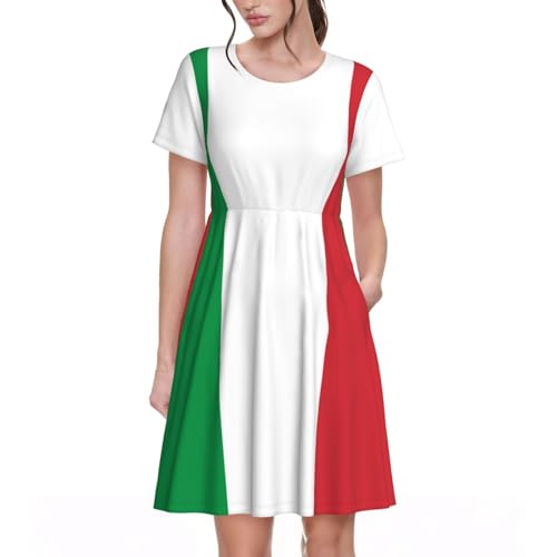 Vestido de Verano de algodón sintético con Estampado de Bandera Italiana para Mujer, Manga Corta, Informal y Moderno, con Bolsillos.
