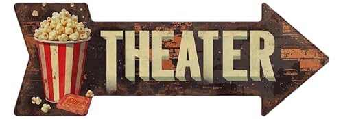 QUIAERT - Theater Arrow Sign - Novelty Metal Wall Decor 6x18 Inch | Vintage Stage Direction Sign, Backstage Auditorium Decor, Dramatic Home Cinema Art
