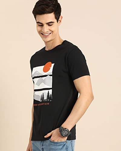 Image of Bewakoof Men's Feel Most Alive Printed 100% Cotton T-Shirt - Regular Fit, Round Neck, Half Sleeves