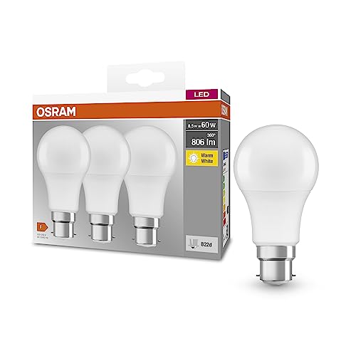 Osram BASE CLASSIC A 60 FR LED-Lampe mit Sockel B22d, Kolbenform, 3er Pack, 8,5W, 806lm, 2700K, warmweißes Licht, geringere Wärmeentwicklung, sehr geringer Energieverbrauch, lange Lebensdauer