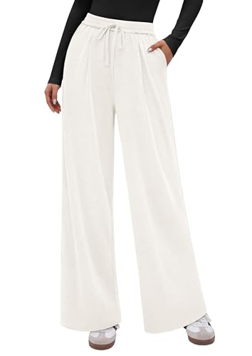 PRETTYGARDEN Women's Wide Leg Pants 2026 Fall Clothes Elastic High Waisted Knit Lounge Palazzo Pant Trousers with Pockets (White,Large)