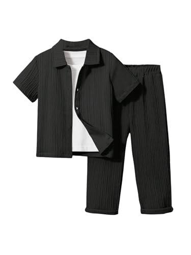 Image of RoseSeek Boy's 2 Piece Outfits Textured Button Down Short Sleeve Collar Shirts Tops and Elastic Waisted Pants