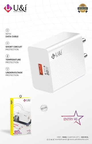 Image of U&i 80W Superfast Charger with Type-C Data Cable, Flash Charge, Short Circuit Protection, Temperature Protection, Undervoltage Protection, White