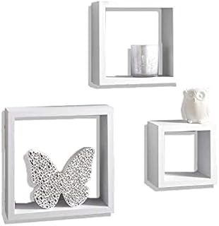 KHAPALWAK Set Of 3 Floating Cube Wall Shelves, Wooden Square Cube Shelves, Wall Mounted Shelf For Living Room, Bedroom, Office Decor, Display Rack For Books, Kitchen Wall Storage Unit (white)