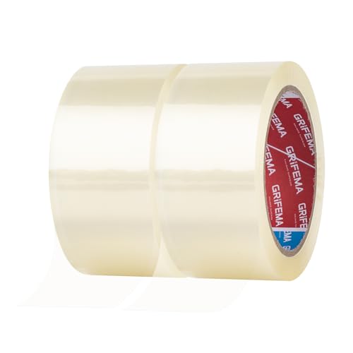 GRIFEMA GA4003-2 Clear Low Noise Packing Tape 2 Rolls Strong Heavy Duty Parcel Tape Strong Adhesive Sellotape Industrial Duty Cellotape for Packing Boxes Moving House(5CM X 66M)