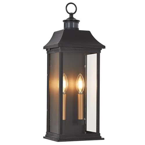Dusk to Dawn Motion Sensor Outdoor Wall Lantern 2-Light,21.1' Large Exterior Wall Sconce Lighting,Modern Black Wall Light Fixture with Glass, Waterproof Exterior Lamp for Patio, House, Porch, Garage