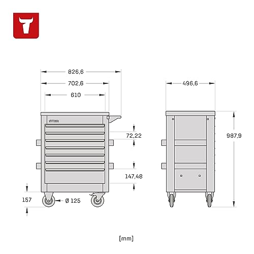 STIER Werkstattwagen Premium, leer und unbestückt, mit Kunststoffabdeckung, Schubladen mit Soft Close Funktion, 6 Hängefächer, Gummi-Rollen mit Bremsen, Zentralverriegelung, Montagewagen, max. 500kg – Bild 3