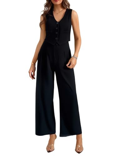 Women's 2 Piece Business Casual Outfit Button Down V Neck Vest Top and Wide Leg Pants Set