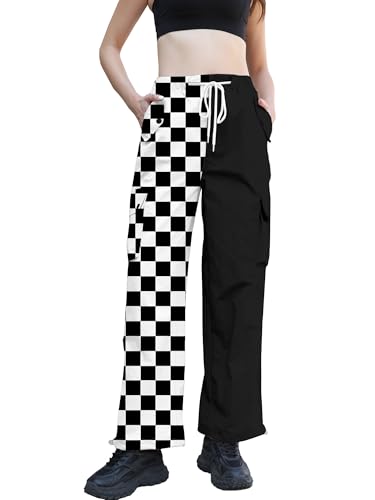 Image of Betusline Girls & Women's High Waist Wide Leg Cargo Pants Y2K Parachute Pants with Pockets and Drawstring 6 Years-Women 2XL