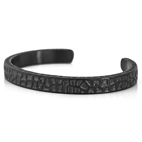 Akitsune Terra Armreif | Gehämmert Antik Armschmuck Frauen Herren Edelstahl Armband Rustikal - Schwarz 65mm