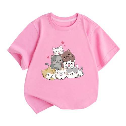 KEEVICI Cute Cartoon Cat Shirts for Girls Kids Graphic Tees Kawaii Animal Pattern T Shirt Cotton Crewneck Summer Loose Tops