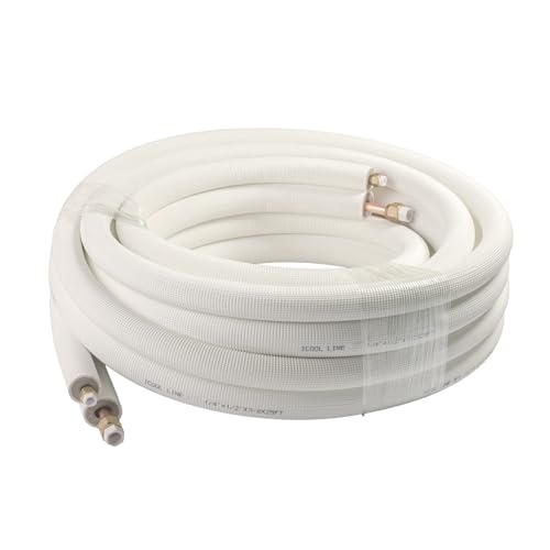 ICOOL 25 Ft. Mini Split Line Set, 1/4' & 1/2' O.D. Twin Copper Pipes, 3/8' Thickened PE Insulated Coil Copper Line with Nuts for Air Conditioner HVAC Refrigeration and Heating, without Fittings