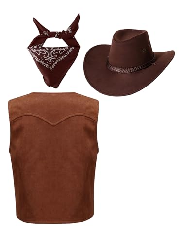 Kids Western Cowboys Cowgirls Open Front Brown Vest with Hat Carnival Party Outfit Fancy Dress Up2