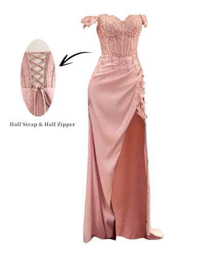 Lace Appliques Satin Prom Dresses for Women 2025 Off Shoulder Mermaid Formal Evening Dress with Slit P10124