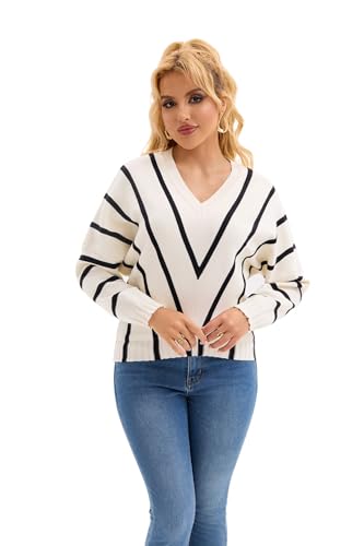 Froggirl Women's Batwing Sleeve V Neck Striped Sweater – Loose Fit Pullover Jumper for Spring Fall 20253
