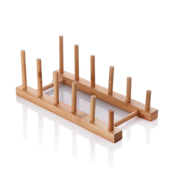 Deconox 5 Bölmeli Bambu Tabaklık - Tezgah Üstü ve Dolap İçi Tabak Düzenleyici, Kesme Tahtası ve Tencere Kapağı Organizeri (25 x 12 cm)