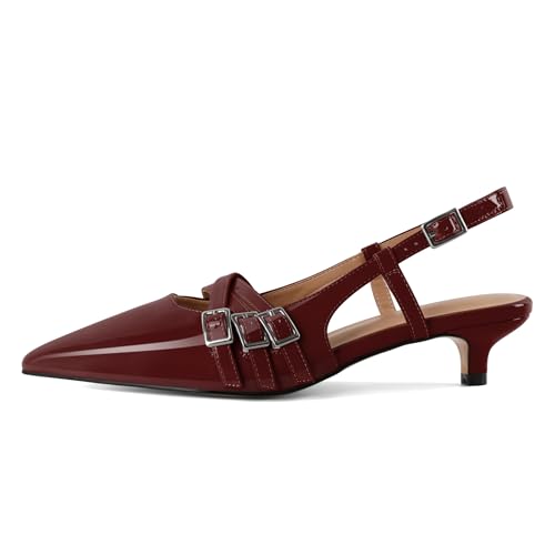 Eldof Women's Slingback Kitten Heels Buckle Strap Pointed Closed Toe Slip On Low Heel Pumps Shoes Dress 1.5 Inches4