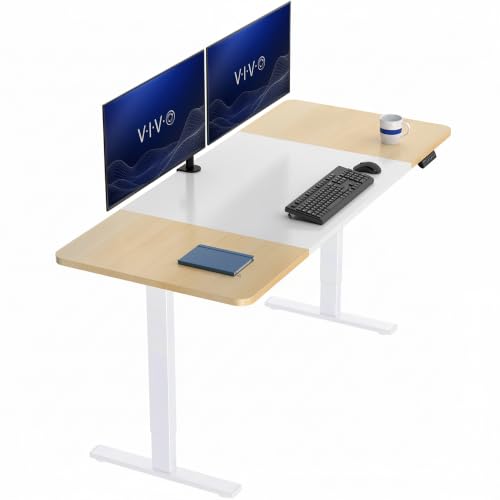 Image of VIVO White /Light Wood 71 x 30 in Standing Desk, DESK-KIT-1W7WC | Electric, Holds 220 lbs, Sit Stand, Height Adjustable, Extra Deep Table Top, Memory Presets, 1B Series, White Frame