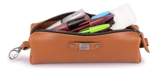 Estojo Couro Legítimo Organizador Porta Caneta Lápis Escolar(Marrom-claro)