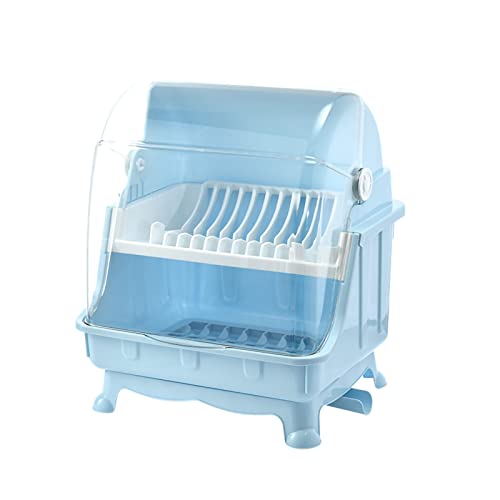 Pilipane Escurridor de cubiertos, escurreplatos de cocina cubierto, recipiente de plástico antipolvo para el desagüe, cesta para cubiertos multifuncional para vajilla de cocina (azul)