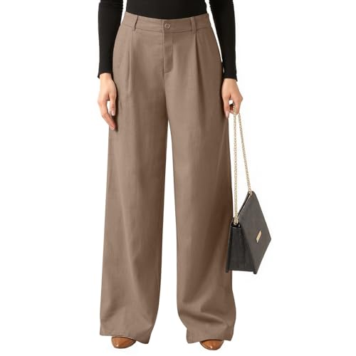 Pull On Wide Leg Dress Pants for Women Flowy Palazzo Pants Dressy Casual Elastic Waist Trousers with Pockets