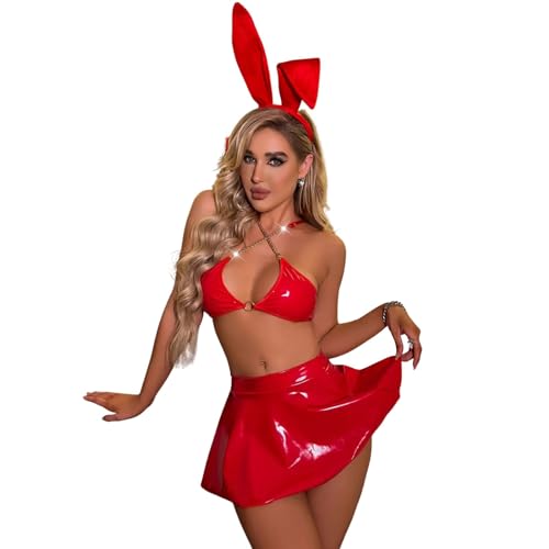 ROSVAJFY Costume Lapin Sexy Femme Ensemble Lingerie Cosplay Cuir Outfit Jeu Rôle Fille Bunny Effet Mouillé Lingerie Anime Coquine avec Bandeau sous-Vêtements Babydoll Halloween pour Fête (Rouge)