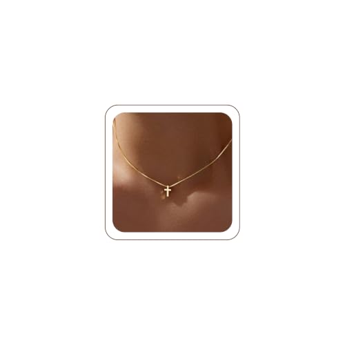 Poxtex Gold Cross Necklace for Women Teen Girls Dainty Cute 14K Gold Plated Small Cross Pendant Trendy Jewelry Non Tarnish Waterproof Simple Necklace Religious Christian Baptism Jesus Faith Gifts