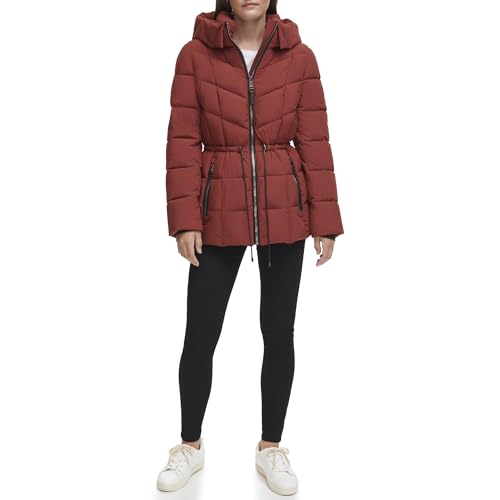 DKNY Womens Hooded Cinch Waist Puffer Coat