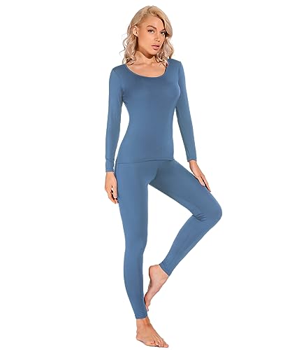 Liang Rou Women's Scoop Neck Top & Bottom Ultra Thin Thermal Underwear Set Mist Blue Large