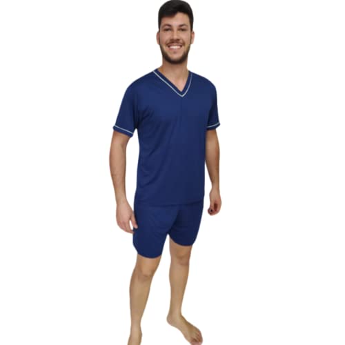 Kit Pijama Casal Malha Adulto Curto Verão Americano Mozão azul (MASCULINO-G, FEMININO-M)