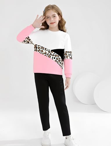 Image of PATPAT Little Girls Clothes Crew Neck Leopard Color Block Sweatshirt and Leggings Girls Outfits Size 4-12Y